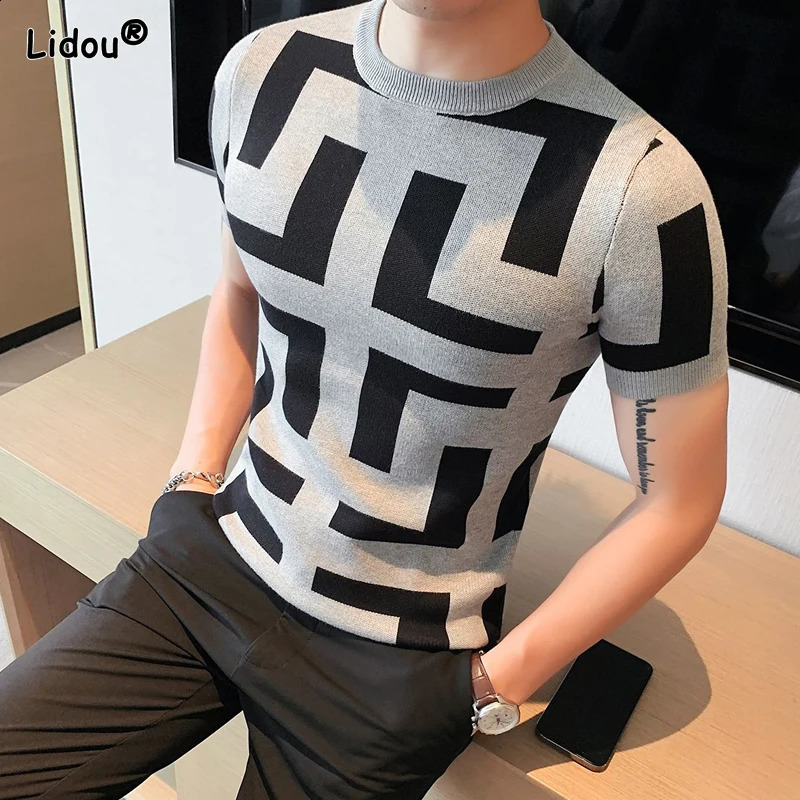 mens clothing mens floral fashion tight print Korean spring/summer short sleeved slim fit round neck T-shirt 240824