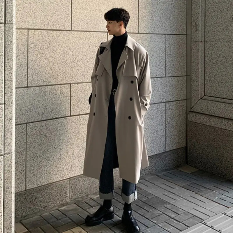 Style britannique Trench hommes solide Double boutonnage surdimensionné loisirs longs manteaux élégant vêtements d'extérieur Hombre Style coréen