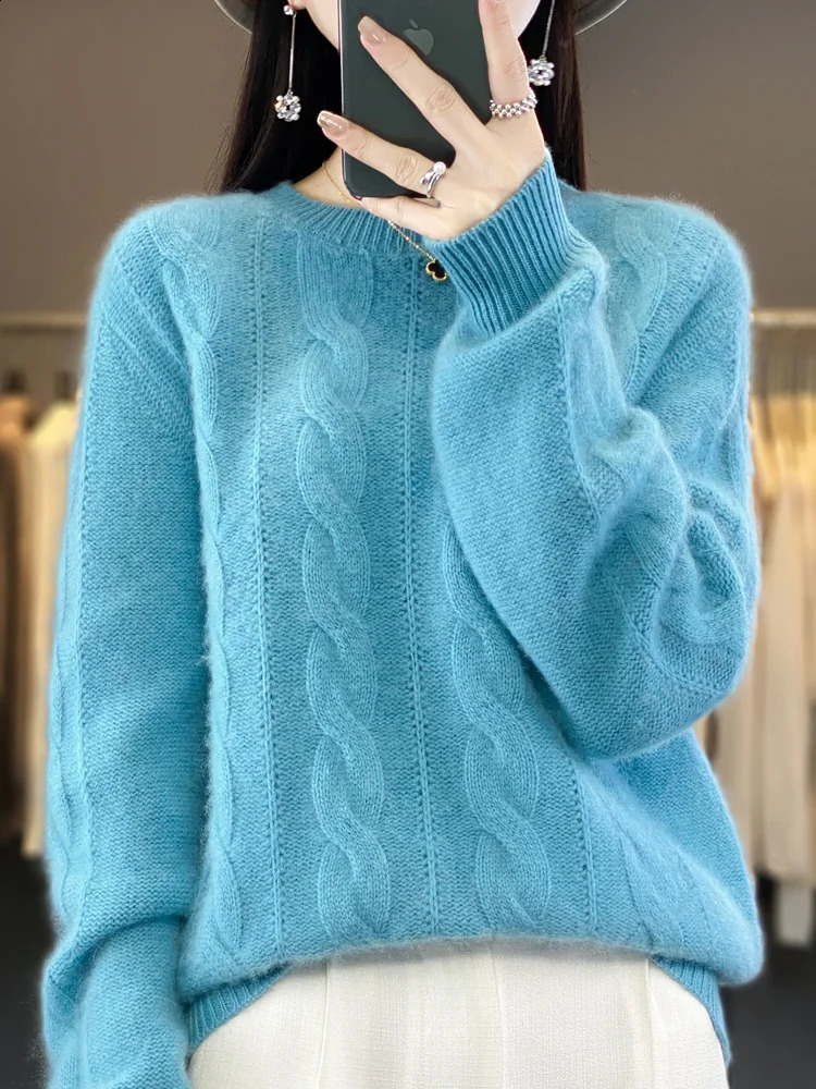 Pull d'hiver pour femmes 100% laine mérinos épaisse de couture ôt de fleur de fleur en soie tricot coréen décontractée vêtements de mode 240826