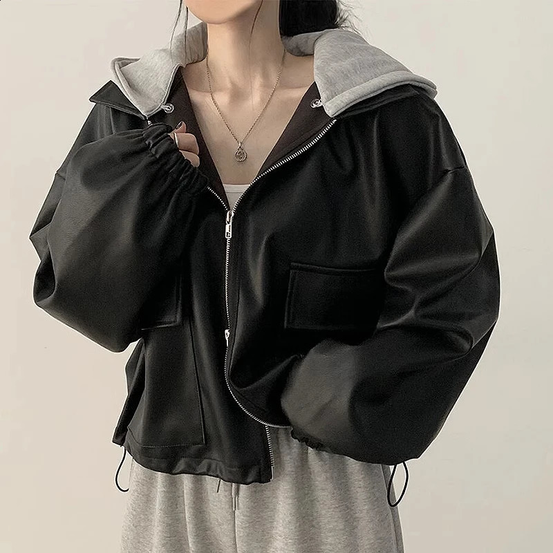 Veste en cuir à capuche courte lâche décontractée pour femmes coréen d'automne coréen hiver rétro à fermeture éclair de style grande poche
