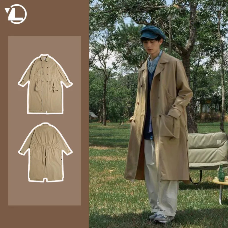 Mens Mid Length Windbreaker Korean Casual Multiple Pockets Double Breasted Buckle Trench Coats Trendy Straight Leg Long Jacket 240826