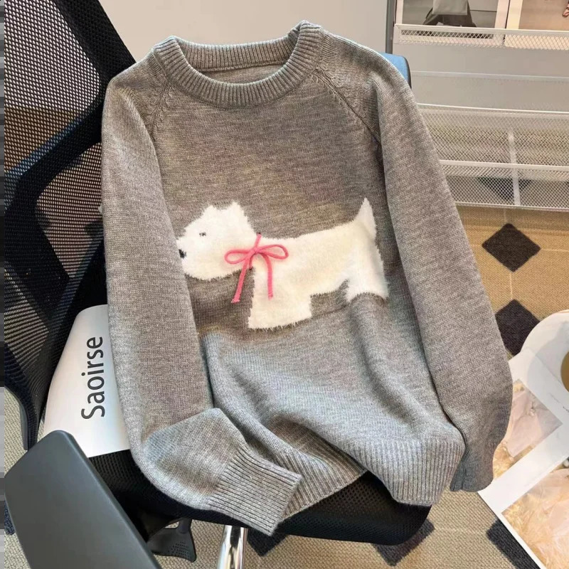 Women Grey Clothing Vintage Knitting Sweater Round Neck Cartoon Long Sleeve Casual Korean Fashion Baggy Female Winter Pink Tops 240824