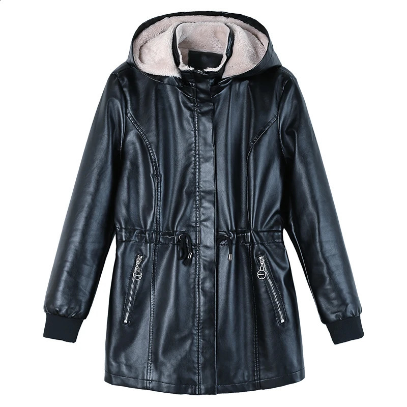 Casual Winter Plush WomenS Pu Leather Jacket Thickened MomS Warm Fashionable Versatile Hooded Medium To Long Coat Female 240824