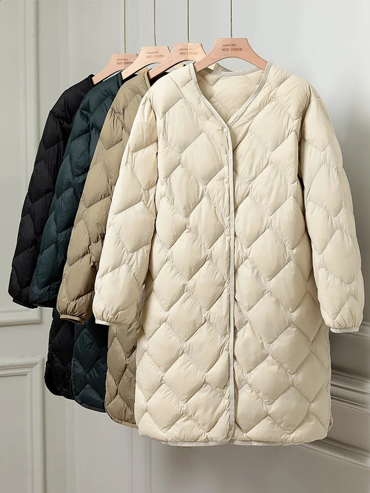 Korean Style Autumn Women Down Coats Ultra Light 90% White Duck Down Long Jackets Collarless Long Puffer Winter Jackets 240824