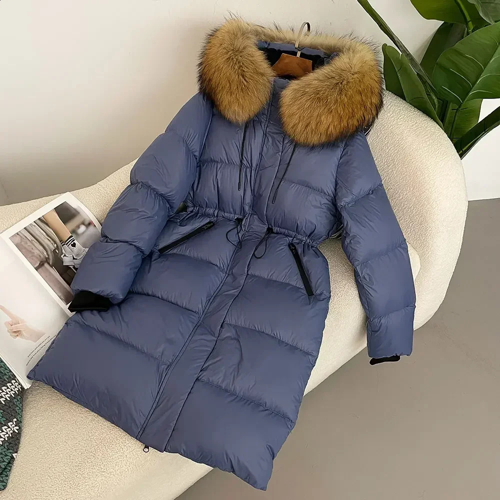2024 Winter White Duck Down Real Fur Raccoon Long Hooded Coat Women Slim Warm Jacket Female Casual Fashion 240824