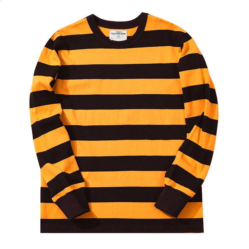 OK0201 American Retro 280g Heavy duty Cotton Striped Long Sleeve T-shirt Mens Autumn Navy Blue Classic Casual Thick Zipper Top 240824