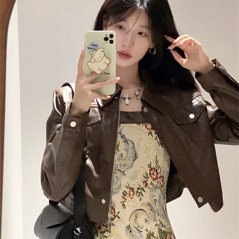Womens Korean retro spicy girl style coffee colored short leather jacket spring womens high-end PU leather jacket 240824