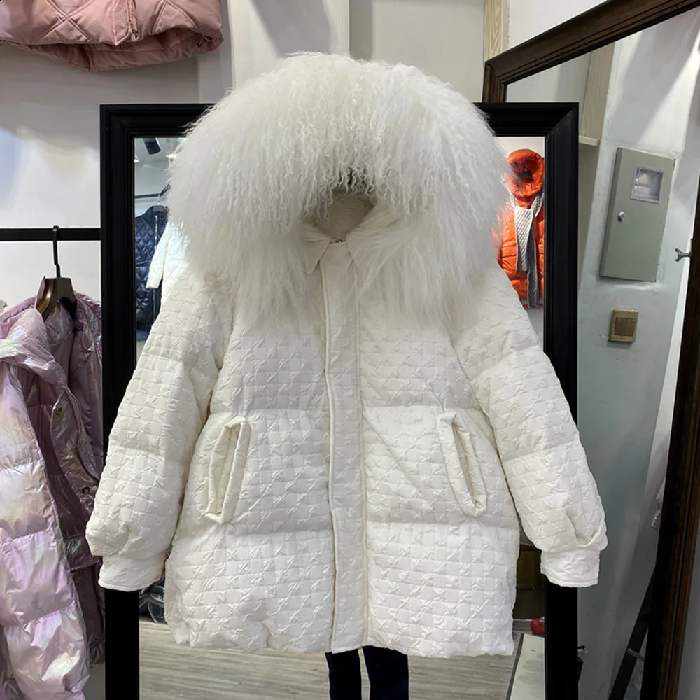 Fashion Winter Real Lamb Fur Collar 90% Down Jacket Womens Warm Down Coat Korean Loose Thickening Warm Overcoats Female 240824