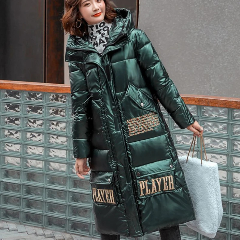 2023 Winter WashFree Glossy Down CottonPadded Coat for Women MidLength Cotton Clothing Thick Warm Jacket 240824