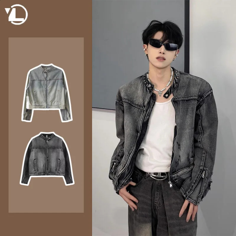 Men Washed Short Denim Jackets American Vintage Casual Loose Zipper Mens Jean Coat Couple Street Trend Cowboy Outwear 240826