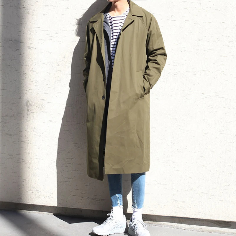 Spring Korean Fashion Single Breasted Thin Windbreaker Mens Simple Solid Long Loose Casual Handsome Trench Coat 240826
