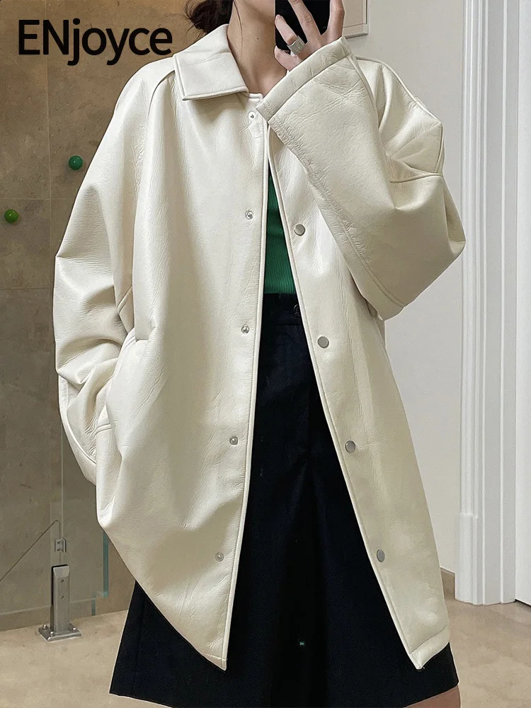 ENjoyce Vintage Beige Artificial Leather Overcoat PU Trench Long Coat Women Korean Fashion Casual Loose Streetwear Fall Winter 240824