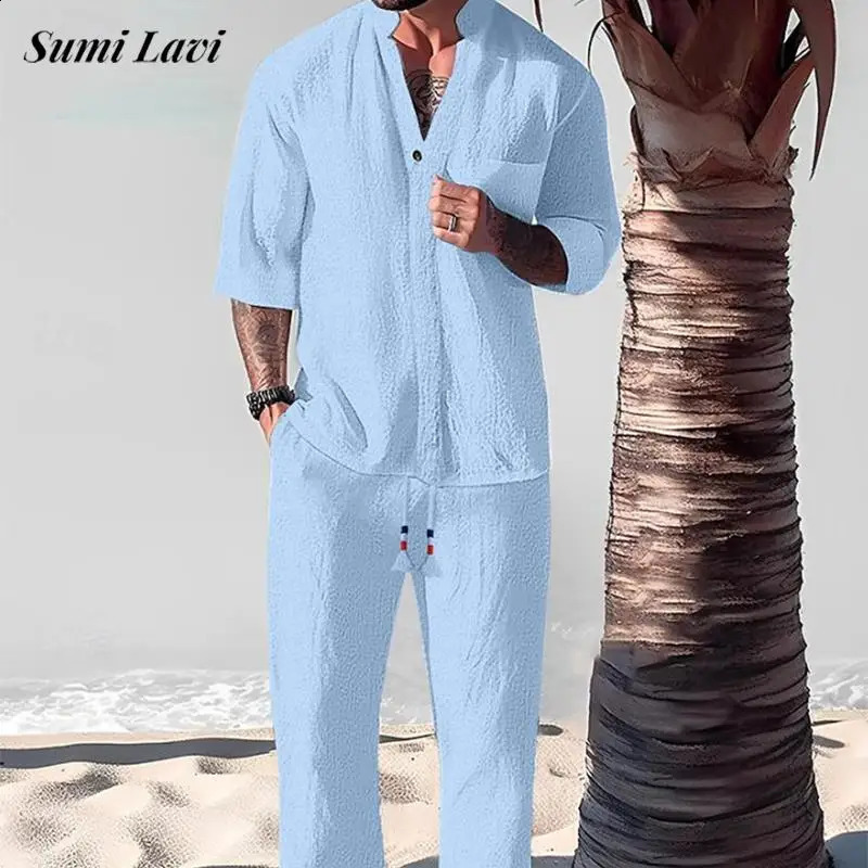 2024 Summer quotidien décontracté set respirant pour hommes Fashion Half manched stand up Collar et pantalon ensemble en deux pièces pour hommes
