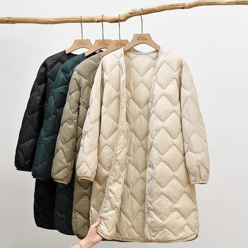 Autumn Winter Women Long Diamond Down Coat Warm Light Thin White Duck Down Jacket Female Slim Bigsize Puffer Parkas Outwears 240824