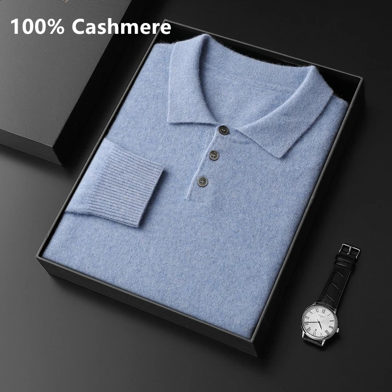 100% Cashmere Knitted Polo Collar Sweater Mens Autumn Winter Business Leisure Warm Lightweight Puller 240824