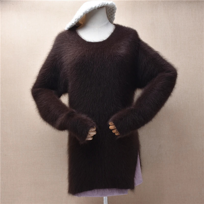 Femmes Mujer automne hiver vêtements poilu en peluche vison cachemire tricoté col rond fendu Pull ample Angora fourrure Pull Pull Pull 240826