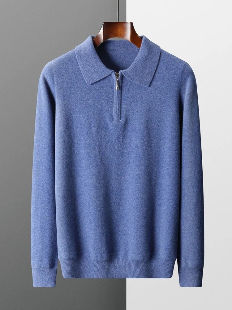 Autumn and Winter Mens Polo Collar Zipper Sweater Cashmere Zipper Intelligent Casual Knitted Soft Long Sleeve 100% Merino Wool Knitted 240824