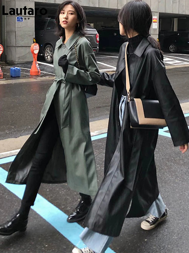Lautaro Spring Autumn Long Black Green Pu Leather Trench Coat for Women Sashes Loose Casual Waterproof Raincoat Korean Fashion 240824