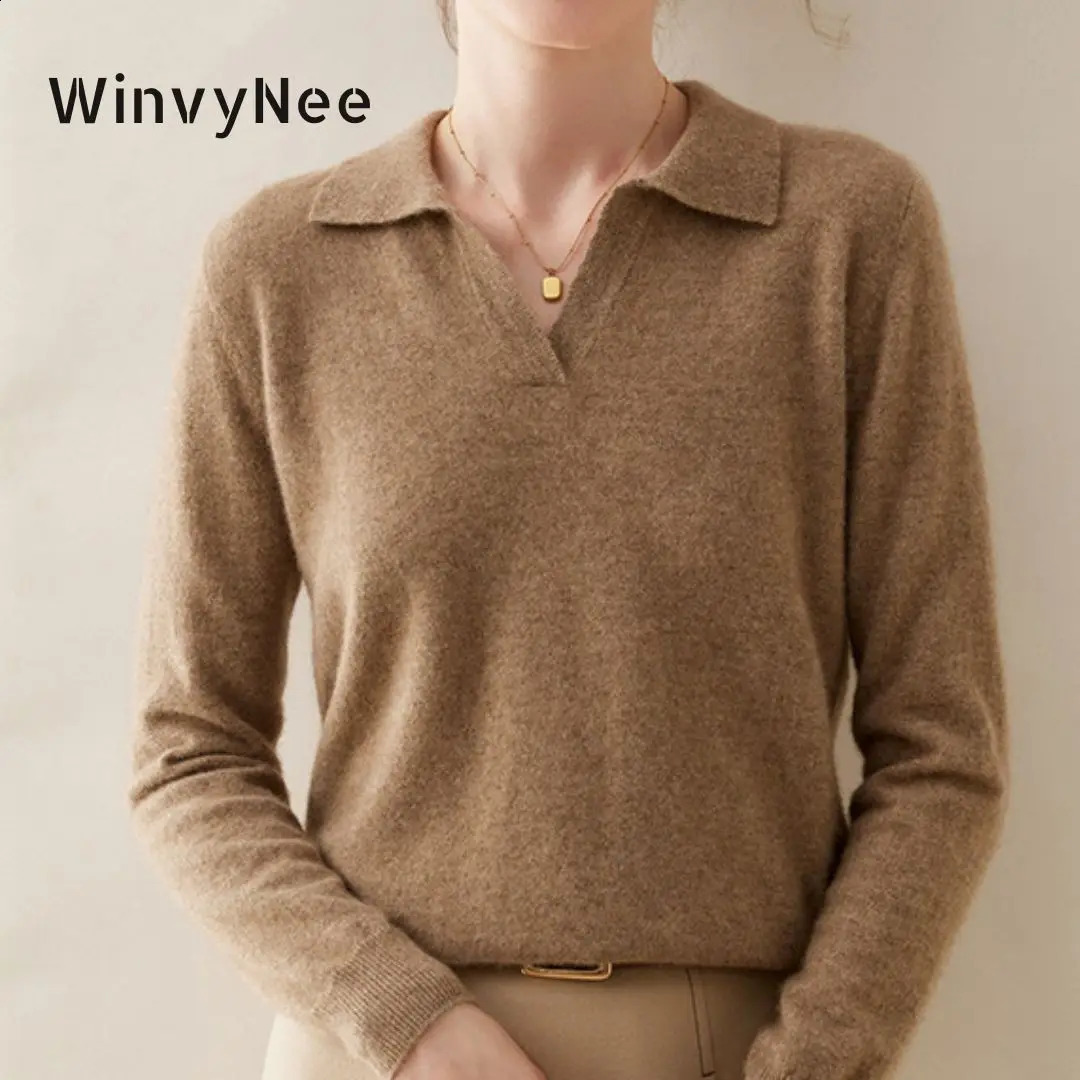 WinvyNee Womens Cashmere Merino Wool Sweater Polo Collar Loose Solid Knitted Top Sweater Casual Zipper Jumper Autumn A1054004 240826