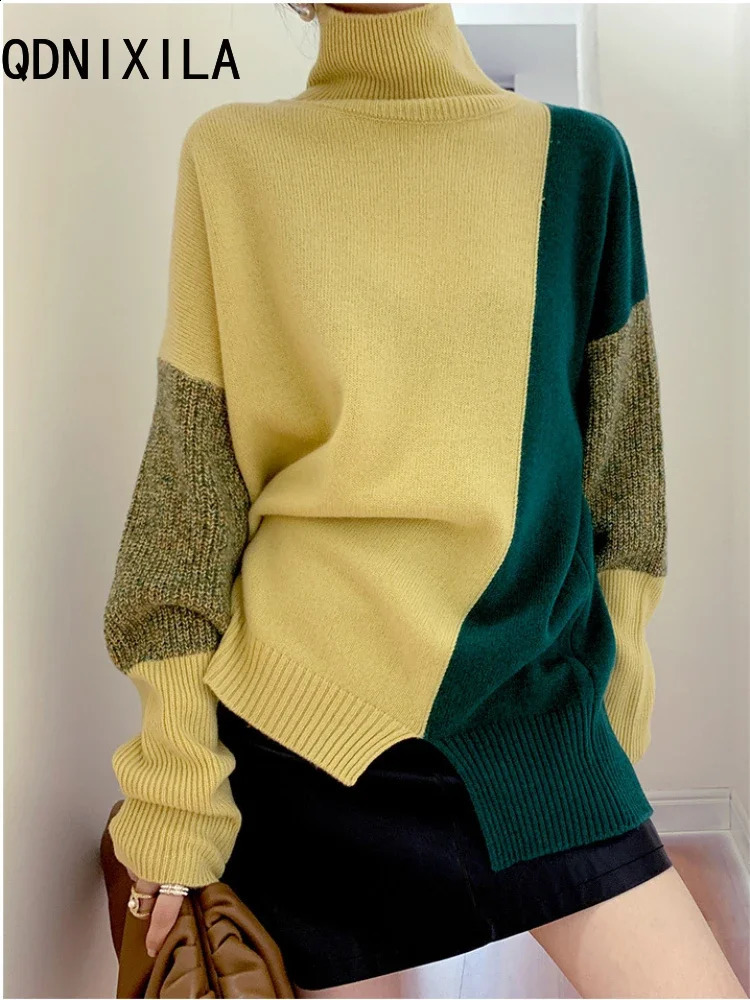 Pull tricoté femmes automne et hiver coréen épais chaud col roulé pull femmes à manches longues patchwork floral haut pull 240826