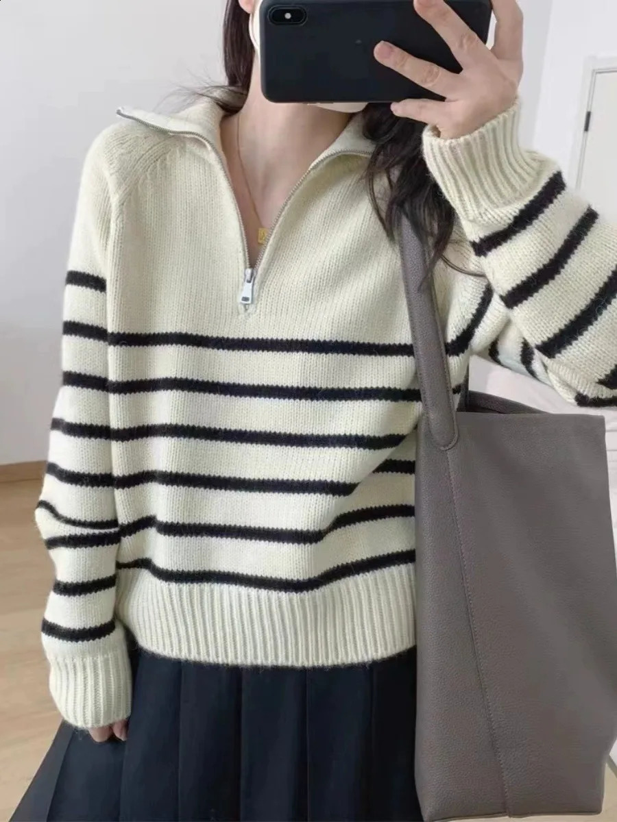 French Winter Half Collar Zipper Cashmere Sweater Womens Loose Pull over Collar Pure Cashmere Sweater Trend 240826