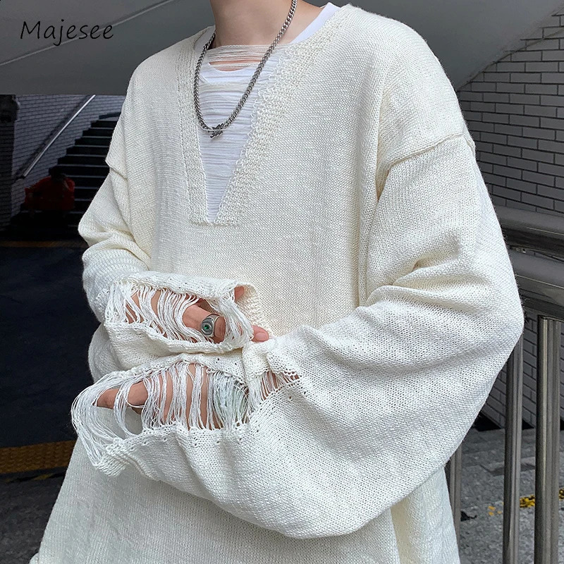 Tearing Sweater Mens Autumn High Street Unisex Fashion Solid Full Match Loose Knitted Basic American Harajuku Boyfriend Daily 240826