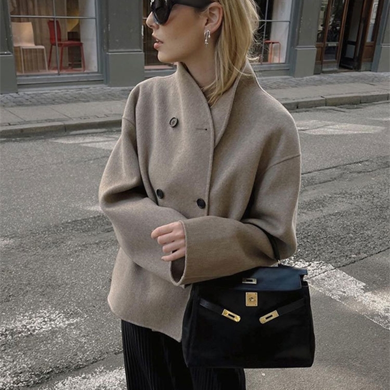 Womens Woolen Coats Loose Casual Retro Double Breasted Stand Collar Short Jacket Office Lady Outerwear Autumn Winter 2024 y240824