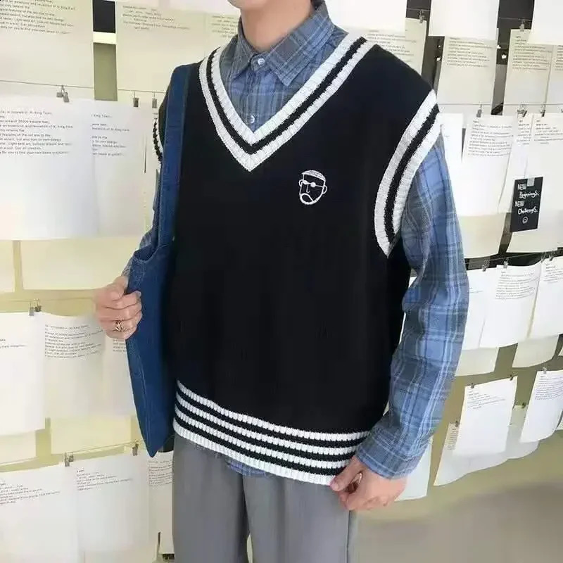 Striped cute vest sleeveless black mens clothing V-neck knitted sweater mens pull oversized warm ugly bag old A 240826