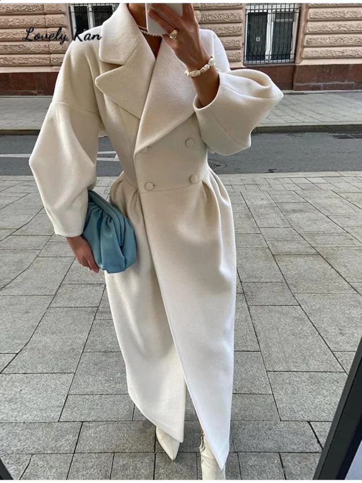 Autumn Winter Solid Woolen Blend Overcoat Women Thick Lapel Double-Breasted Long Sleeve Female Jacket Elegant Lady Outwear 240826