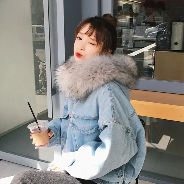 Winter loose thick wool lining denim jacket womens short cotton lining coat wool lining 240826