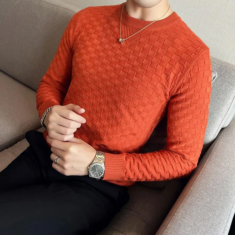 Winter Mens Casual O-neck Lanhua Mens Long sleeved Plain Knitted Sweater Korean Fashion Warm Knitted Sweater 240824
