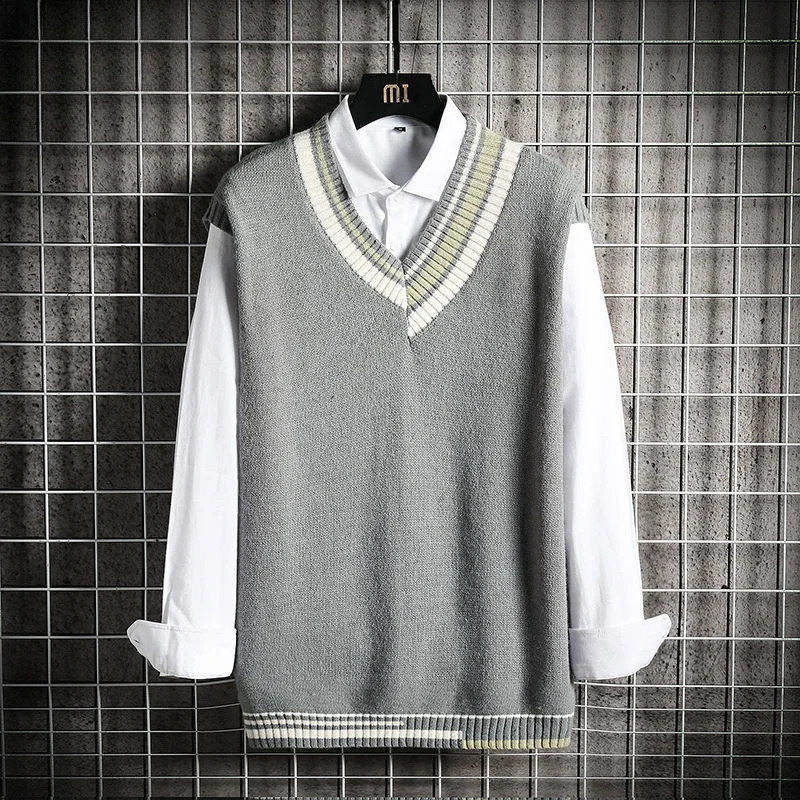 Mens V-neck knitted sweater sleeveless vest green striped waistband Maltry jacket Korean autumn Shep mode X S 240826