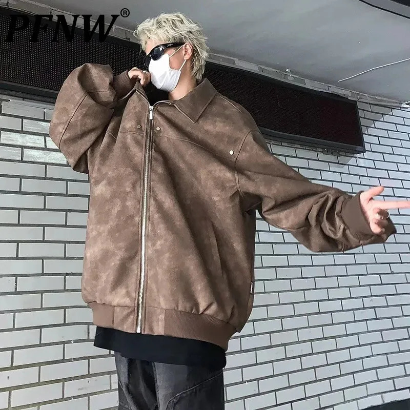 PFNW Korean Leather Jacket Mens Lapel Spliced Trendy High Street Handsome Autumn Winter Loose Tops Male 28W4810 240826