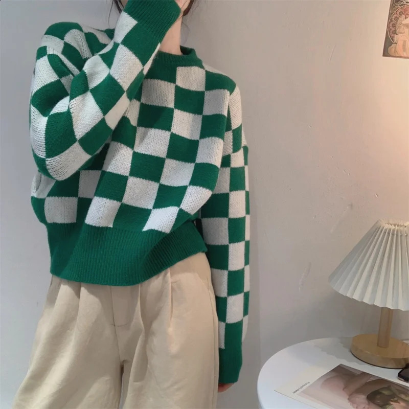 Pull court vert à armure toile pour femme automne et hiver pull à col rond style coréen tricoté à manches longues pull haut décontracté 240826