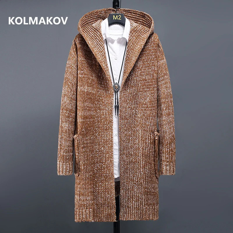 Cashmere sweater 2024 spring long mens hooded turtle neck warm knit mens cardigan M-4XL 5XL 240824