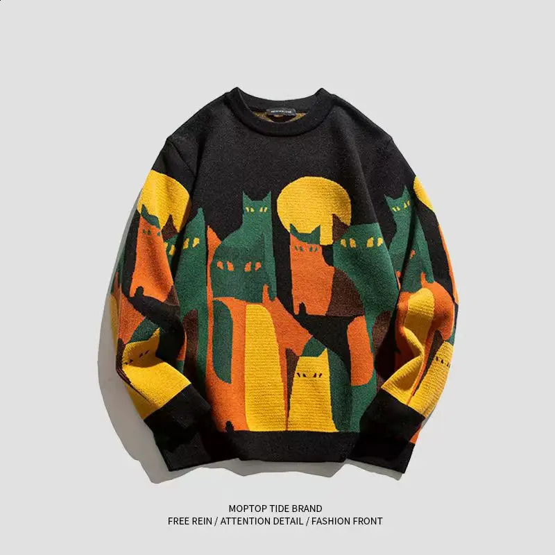 Abstract cat jacquard Japanese loose sweater mens knitted sweater womens O-neck casual British style zipper winter jumper 240826