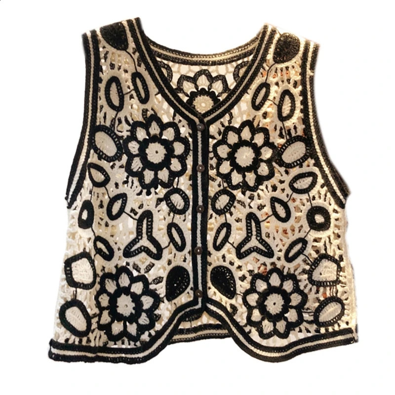 Boho Women Crochet Knit Vest Waistcoat Vintage Colorful Floral Pattern Sleeveless Cardigan for Jacket Hippie VNeck Crop 240826