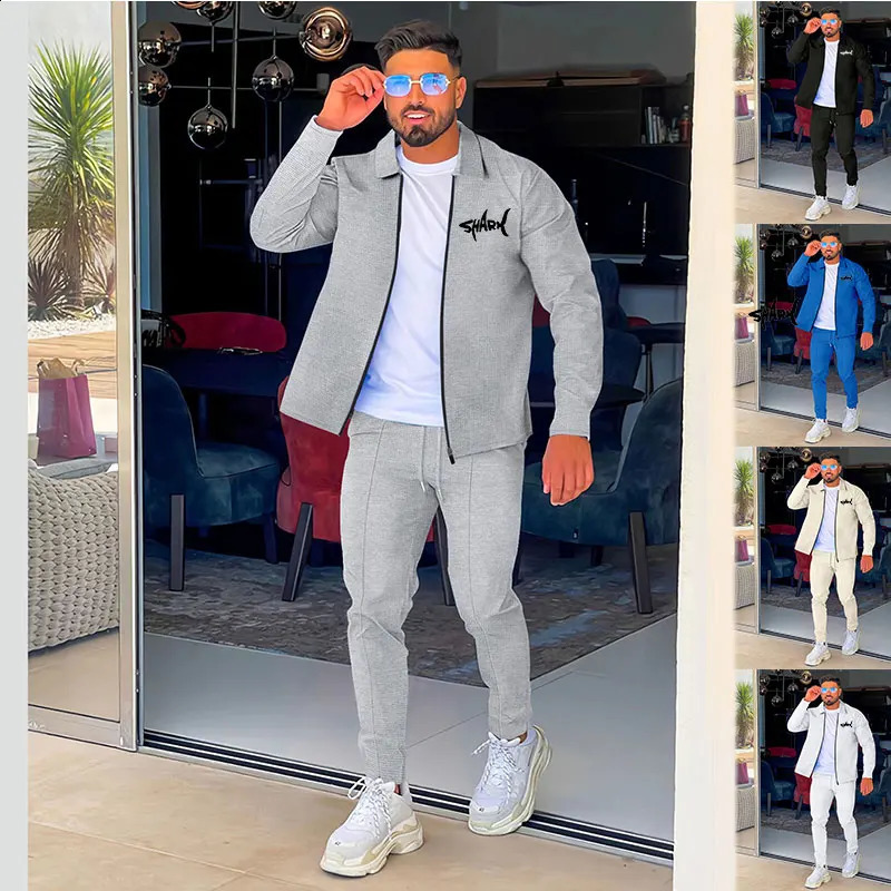 Spring and summer fashion mens sportswear simple style printing casual mens clothing zipper jacket and mens two-piece set 240826