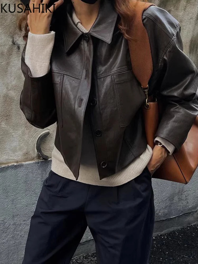 KUSAHIKI Korean Chic Autumn Retro Causal Pocket Niche Versatile Long Sleeved PU Coat Short Leather Jacket for Women 240824
