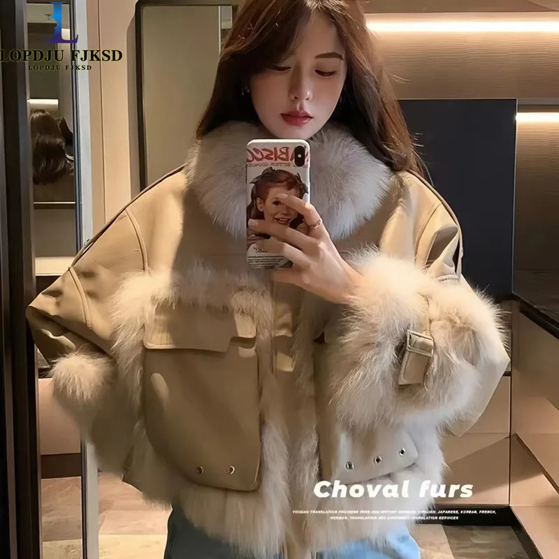 Womens Faux Fox Fur Collar Coats Leather Jacket Korean Loose Thick Warm Clothes Rivet High Quality Winter 240824