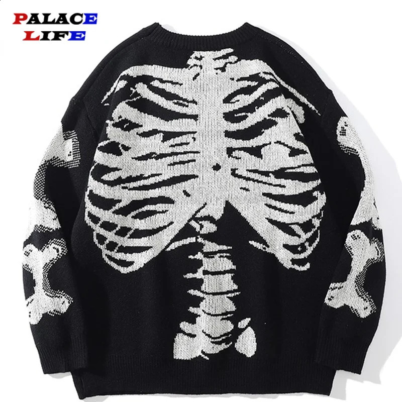 Mens ultra-fine knitted sweater black loose skeleton bone print womens retro knitted sweater autumn pure cotton Pullover unisex 240826