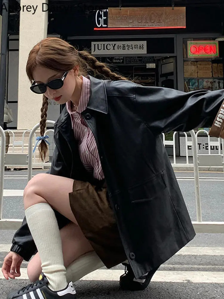 High Street Black Leather Jacket Women Punk Style Streetwear Thin Leather Shirt Korean Vintage Loose Button Leather Coat 240824