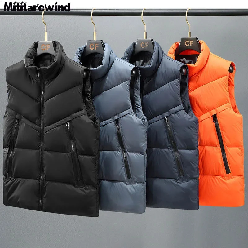 Autumn Winter Parkas Vest Men Korean Fashion Stand Collar Zipper Pockets Orange Vest Windbreaker Waistcoat Plus Size S-7XL 8XL 240826