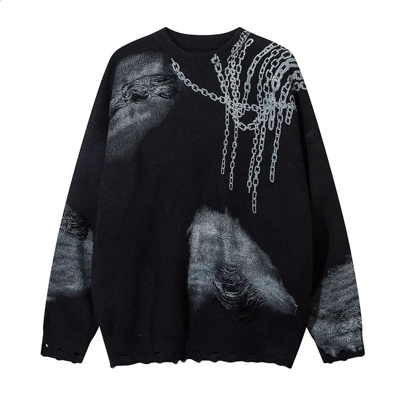 Mens High Street Ripped Hip-Hop Sportswear Street Clothing Imprimé Loose Fit Y2K Pull de saut en tricot en tricot en tricot en tricot tricot 2408
