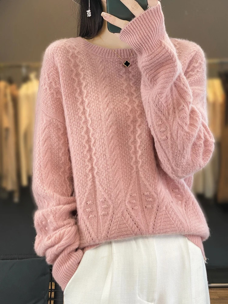 Womens O-neck Twisted Flower Pulling Flower Autumn Winter 100% Merino Wool Sweater Thick Warm Basic Cashmere Knitted Korean Fashion Top 240826