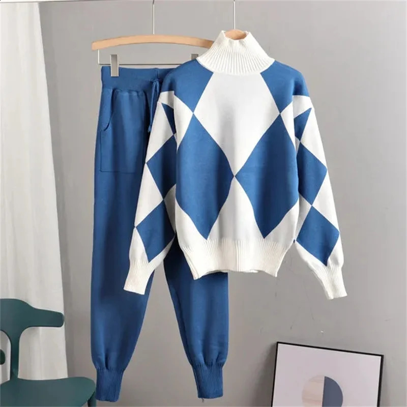 Winter Warm Knitted 2-piece Womens Oversized Sweater Track Clothes Autumn Turtle Neck Pulling TopKnitted Hare Pants Set 240826