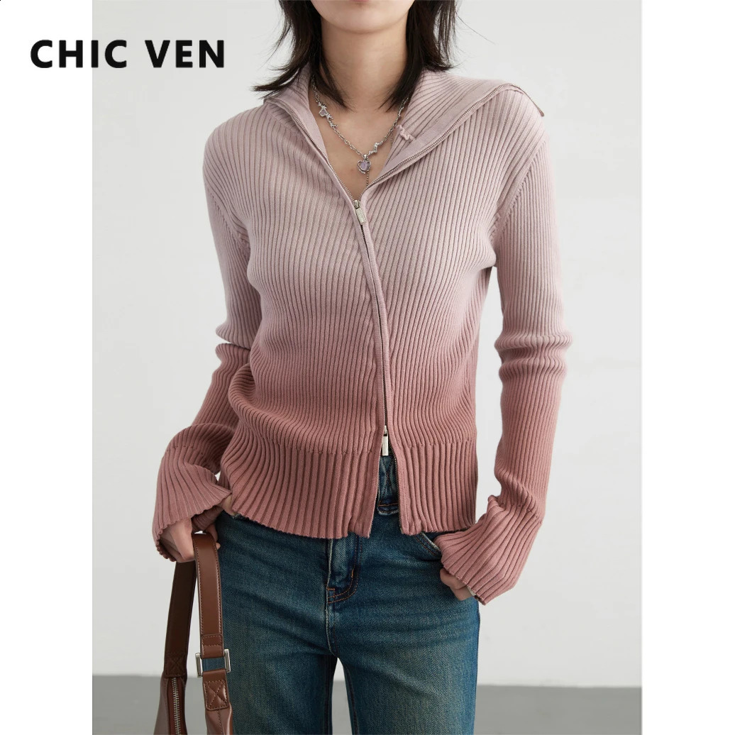 CHIC VEN Women Cardigan Stand Up Cotton Gradient Zipper Woman Sweater Female Knitted Jumpers Spring Autumn 240824