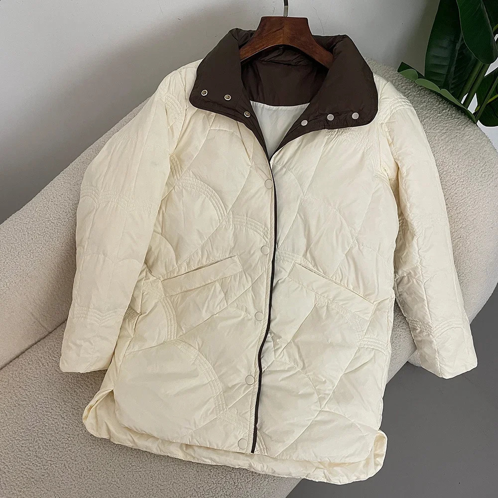 Down Jacket Women Autumn Winter Classic Mid-Length Keep Warm Korean Style Loose 90 White Duck Down Jacket Stand Collar Coats 240824