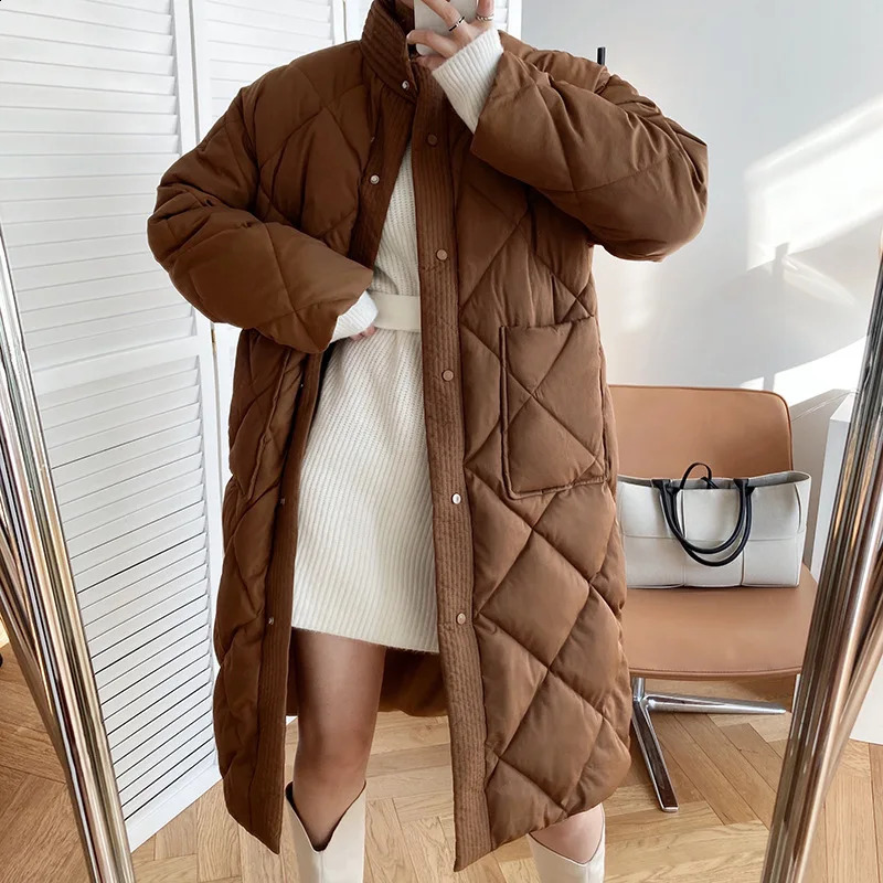 Femmes décontracté hiver col montant motif Argyle surdimensionné doudoune Chic Parka Style coréen Long coton rembourré manteau 240824
