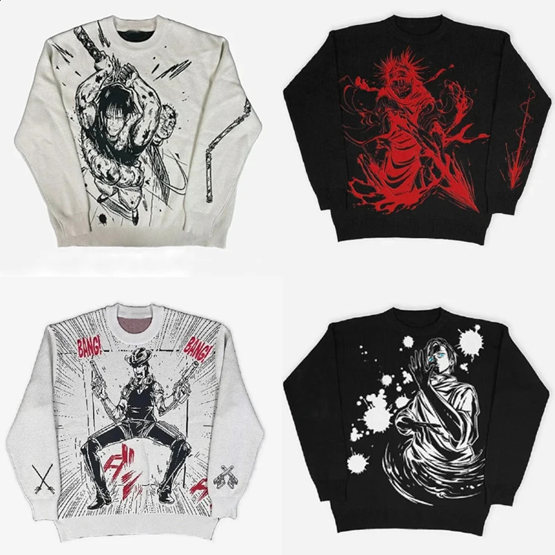 Broissances noires de streetwear pour femmes Panels tricotés anime harajuku automne hiver décontracté coton en vrac pull 240826